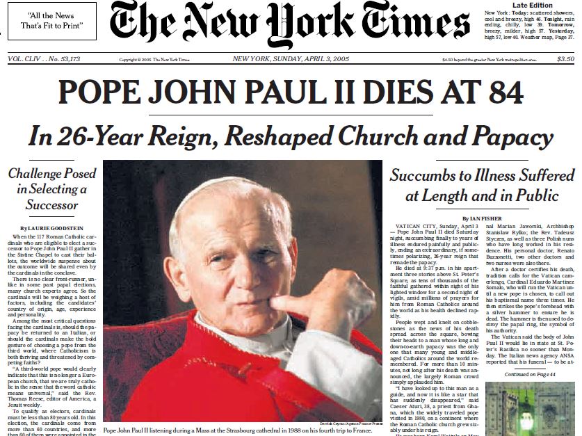 New York Times OTD on Twitter: "The front page #OTD in 2005. Pope ...