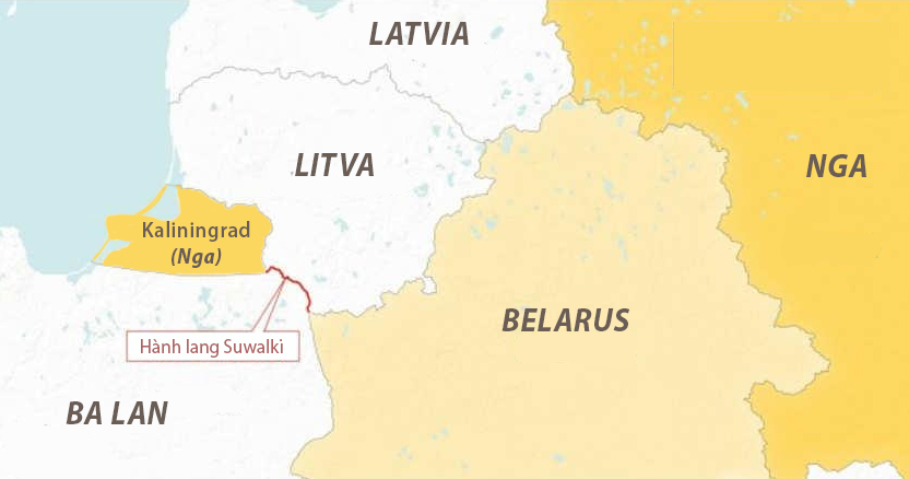 Vị trí hành lang Suwalki và vùng lãnh thổ Kaliningrad của Nga. Đồ họa: ESRI.