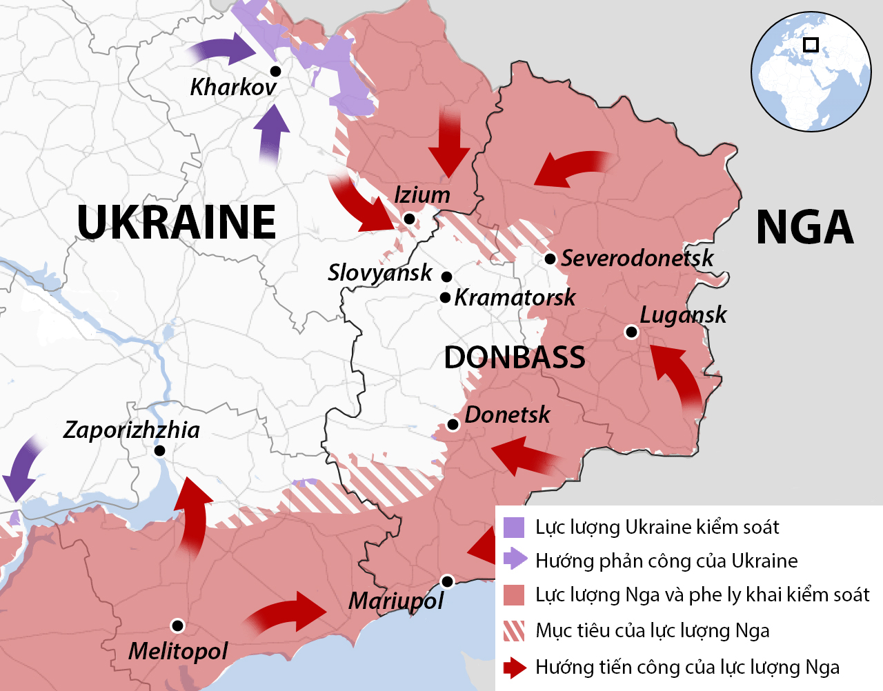 Diễn biến chiến sự tại miền đông Ukraine sau gần ba tháng giao tranh. Đồ họa: BBC.
