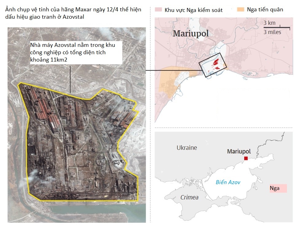 Vị trí nhà máy luyện kim Azovstal tại thành phố Mariupol, phía đông nam Ukraine. Đồ họa:Guardian.