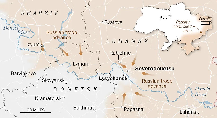 Vị trí Lysychansk và Severodonetsk ở tỉnh Lugansk, miền đông Ukraine. Đồ họa: Washington Post.