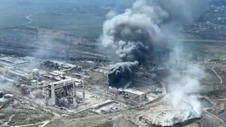 Smoke rises above the Azovstal steel plant in Mariupol 