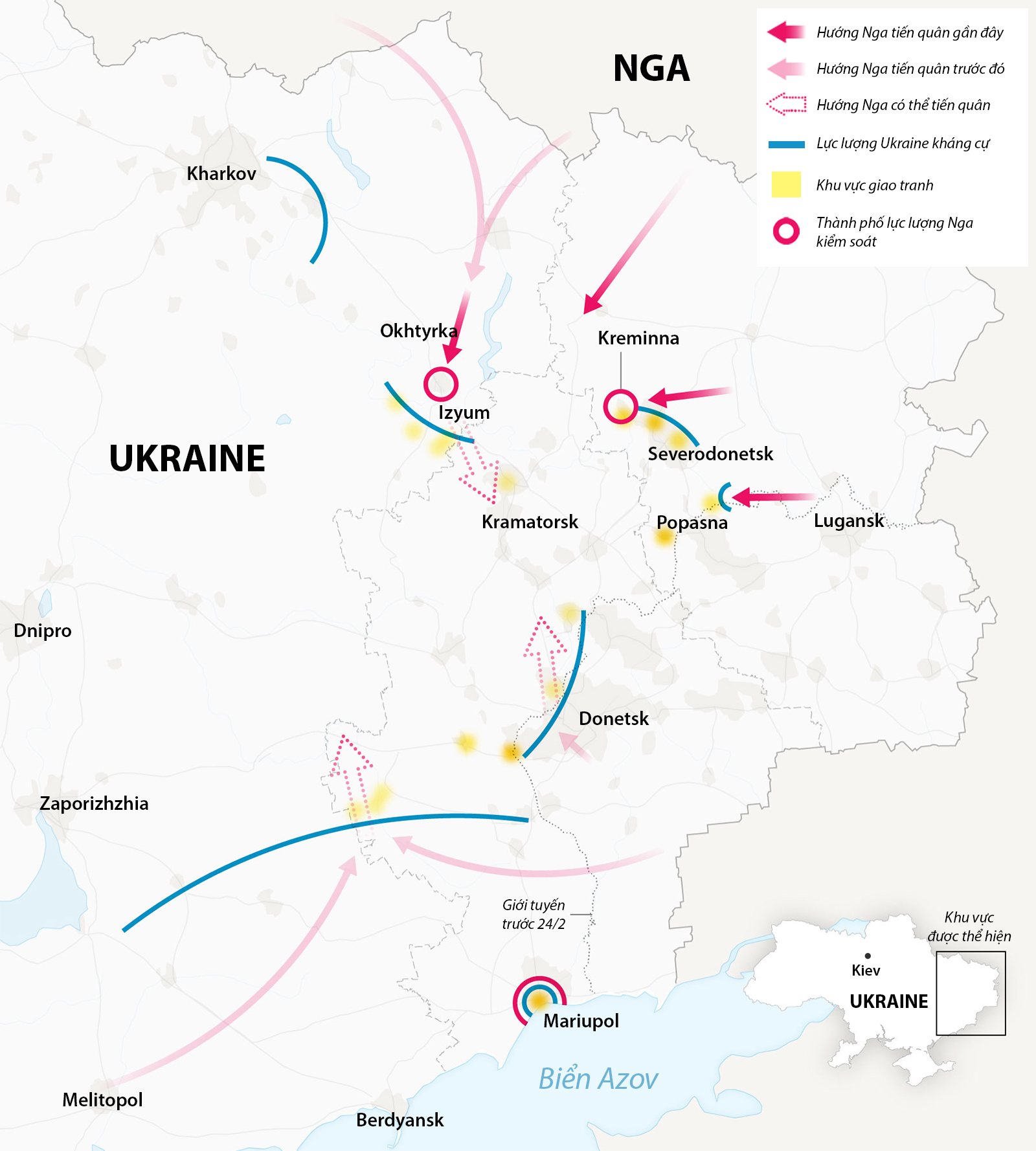 Hướng thọc sâu của Nga ở miền đông Ukraine. Đồ họa: NY Times.