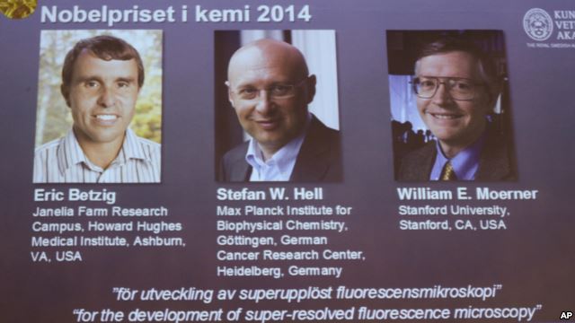 Hình ảnh 3 khoa học gia đoạt giải Nobel Hóa học 2014. Từ trái: Eric Betzig, Stefan Hell và William Moerner.