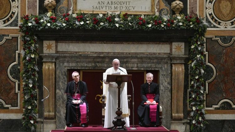 Pope Francis addresses members of the Roman Curia during the annual exchange of Christmas greetings 