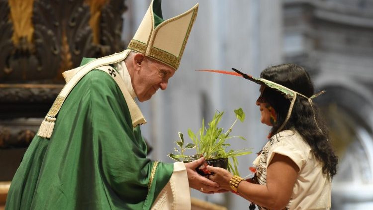 An indigenous woman hands Pope Francis a plant during Mass