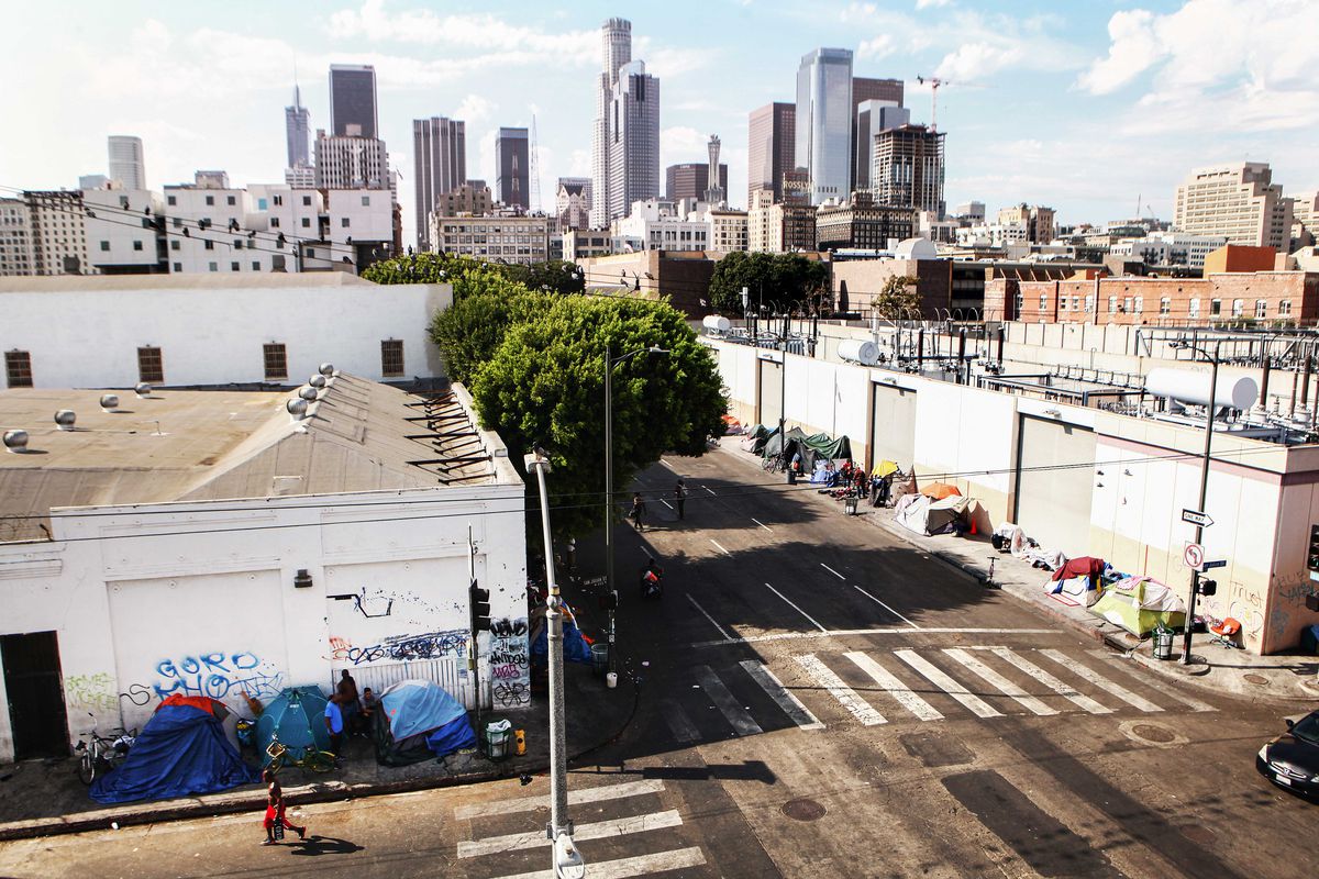 Homeless person encampments on Skid Row.