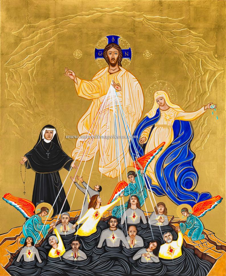 Saint Faustina & Holy Souls in Purgatory Print Catholic Art image 0