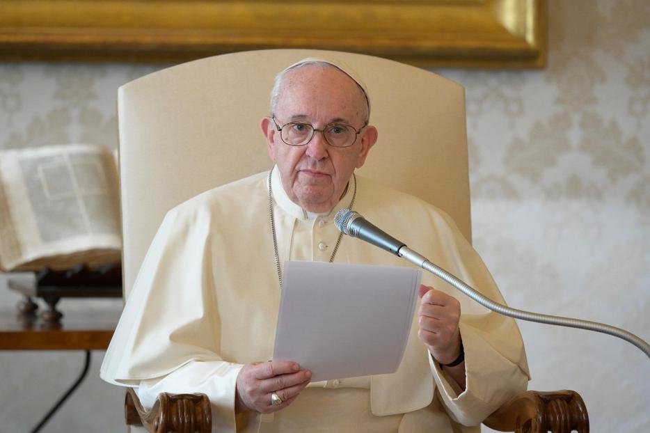 Pope Francis at his general audience address in the library of the Apostolic Palace Nov. 11, 2020.