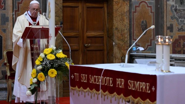 Pope Francis prays the Regina Coeli on Divine Mercy Sunday