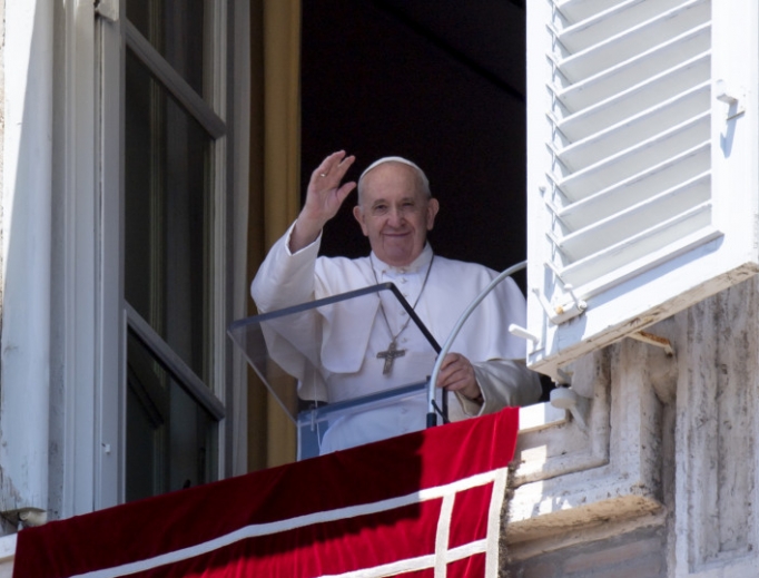  Pope Francis during his Sunday Angelus address and blessing to pilgrims in St. Peter's Square on June 21, 2020.